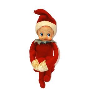 Vintage Inarco Japan Pixie Elf Knee hugger Red White Green Felt Foil Label 9"